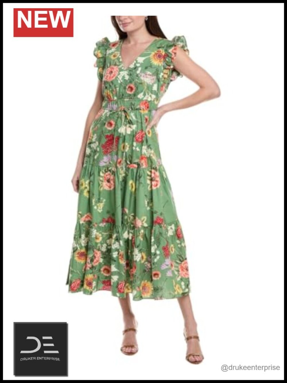 Drawstring Waist Maxi Dress Ruffle Sleeve